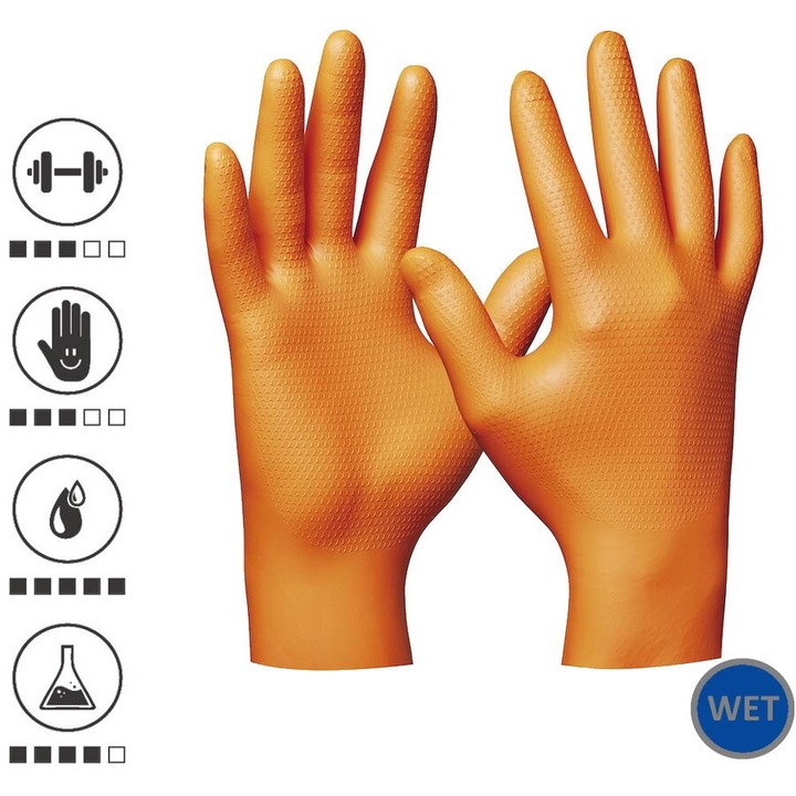Gebol 709668, Set 50 de manusi de protectie Orange Nitril Ultra Grip, din nitril, uz profesional, marimea 8/M