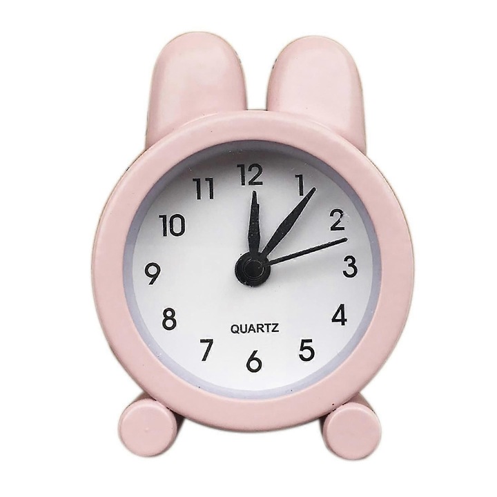 Ceas desteptator mini din metal dragut cu design de iepure cu alarma de masa pentru studenti, roz