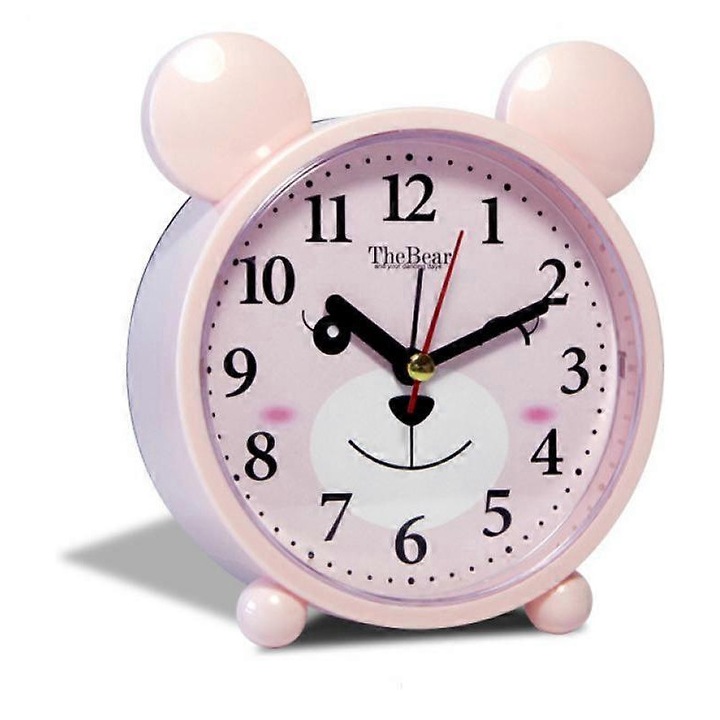 Ceas desteptator pentru copii Saytay, ceas desteptator cu desene animate, ceas desteptator cu ursulet, ceas de birou pentru decorarea casei pentru copii (roz cu model)