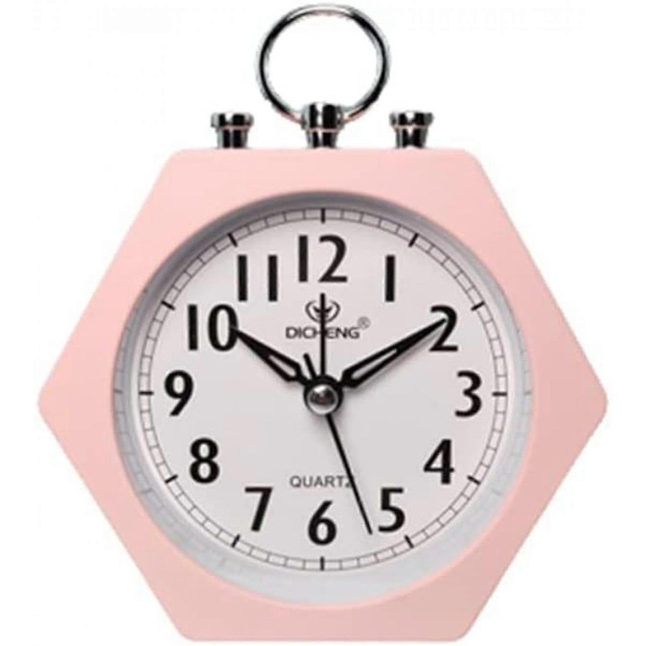 Ceasuri de masa mici, ceas desteptator analogic decorativ, ceas de noptiera hexagonal, roz
