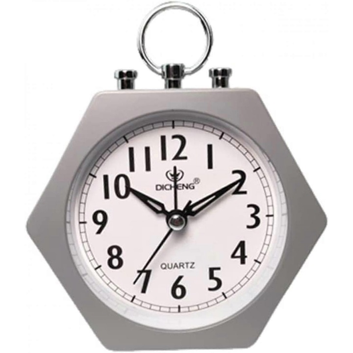 Ceasuri de masa mici, ceas desteptator analogic decorativ, ceas de noptiera hexagonal, gri