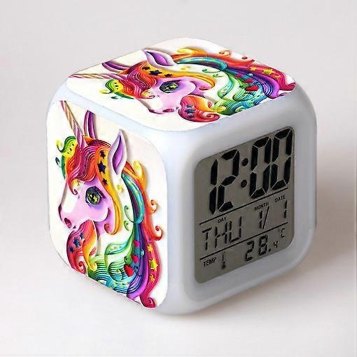 Ébresztőóra fiúknak és lányoknak, Unikornis éjszakai fényű ébresztőóra, 4 arcú gyerek ébresztőóra, unikornis minta, 7 típus, LED fény, ébresztőóra, unikornis szoba ajándék