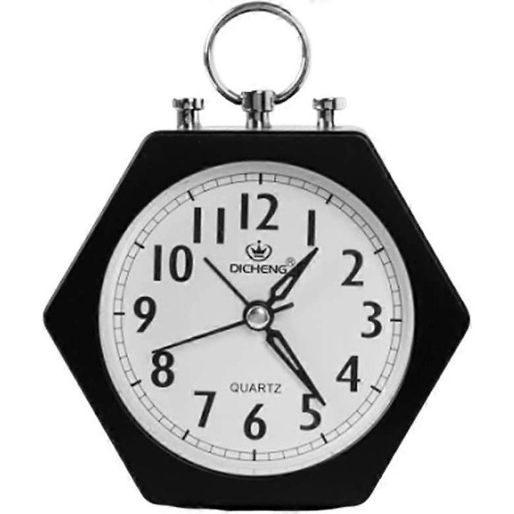Ceasuri de masa mici, ceas desteptator analogic decorativ, ceas de noptiera hexagonal, negru