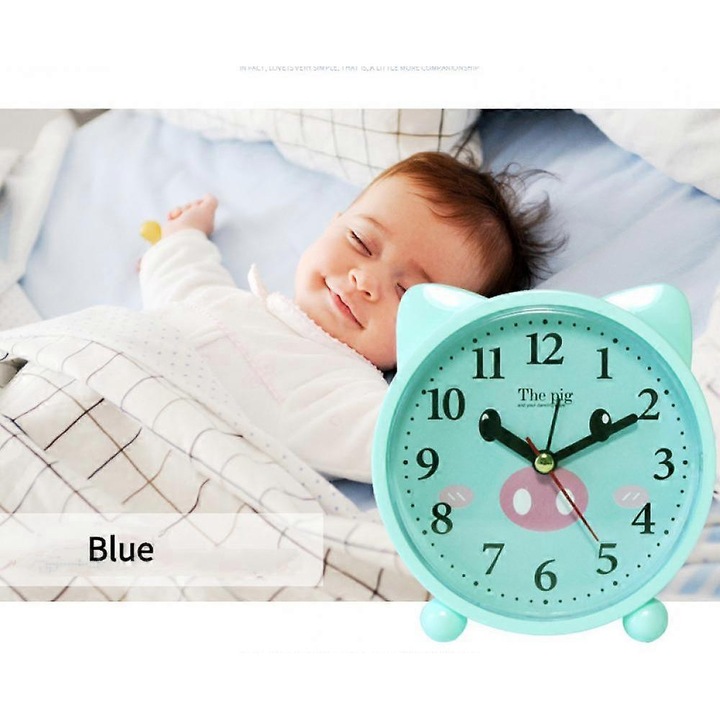 Ceasuri desteptatoare pentru dormitoare, ceas desteptator cu desene animate, ceas desteptator cu purcelus, lumina de noapte, ceas de birou pentru decorarea casei pentru studenti si copii (albastru cu model)