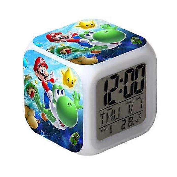 Wekity Super Mario színes LED ébresztőóra, négyzet alakú óra, digitális ébresztőóra idővel, hőmérséklettel, ébresztővel és dátummal