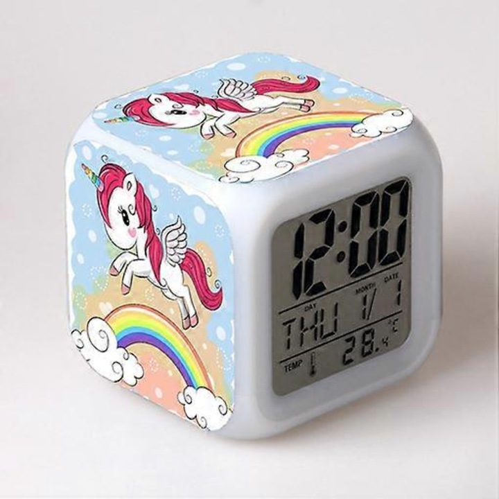 Ceas desteptator pentru baieti si fete, ceas desteptator cu lumina de noapte Unicorn, ceas desteptator pentru copii cu 4 fete, model Unicorn, 7 tipuri, lumina LED, ceas de trezire, cadou pentru camera Unicorn