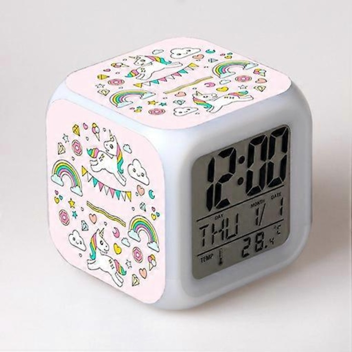 Ébresztőóra fiúknak és lányoknak, Unikornis éjszakai fényű ébresztőóra, 4 arcú gyerek ébresztőóra, unikornis minta, 7 típus, LED fény, ébresztőóra, unikornis szoba ajándék