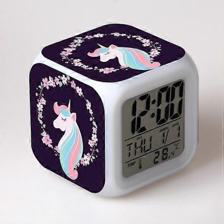 Ébresztőóra fiúknak és lányoknak, Unikornis éjszakai fényű ébresztőóra, gyerek ébresztőóra 4 arccal, unikornis minta, 7 típus, LED fény, ébresztőóra, unikornis szoba ajándék