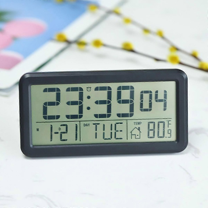Ceas digital de birou, ceas de alarma digital electronic pentru decorul casei din dormitor, ecran LCD cu afisaj de timp/calendar/temperatura, (negru)