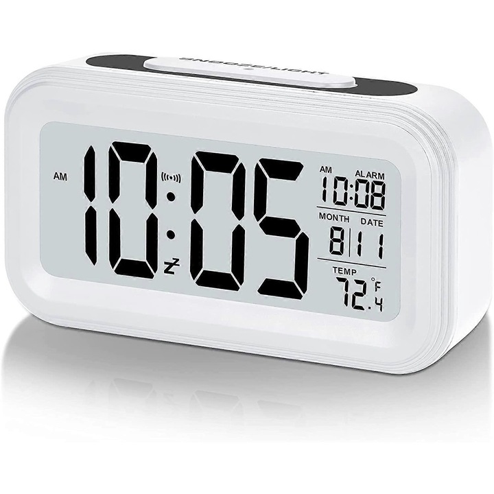 Xyc цифров будилник с батерии, LCD електронен часовник за спалня, офис, дом, с дата, вътрешна температура, индикатор за дрямка, малък размер, подсветка - бяла