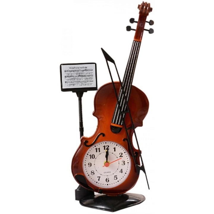 Vintage műanyag hegedű analóg kvarc asztali óra, asztali óra, éjjeliszekrény, kreatív eszköz, barna, 1 db