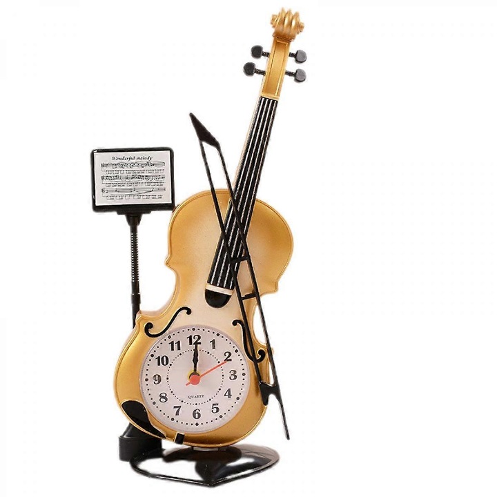 Ceas de masa cu cuart analogic cu vioara din plastic vintage, ceas de birou, noptiera, instrument creativ, maro, 1 buc