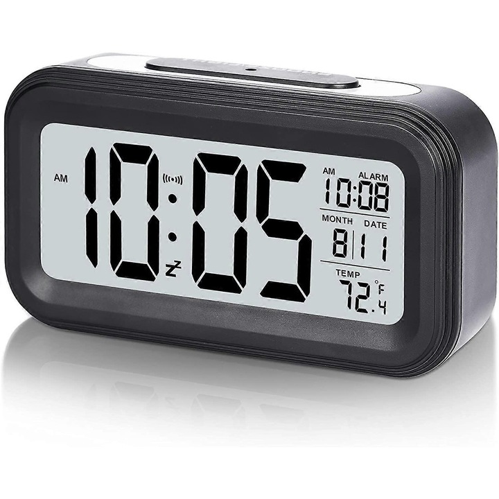 Digitális ébresztőóra elemmel, LCD elektronikus óra hálószobába, irodába, otthonra, dátummal, beltéri hőmérséklettel, szundi fénnyel, kis méret, háttérvilágítás - fekete