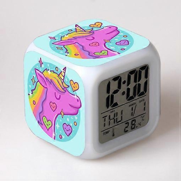 Ébresztőóra fiúknak és lányoknak, Unikornis éjszakai fényű ébresztőóra, gyerek ébresztőóra 4 arccal, unikornis minta, 7 típus, LED fény, ébresztőóra, unikornis szoba ajándék