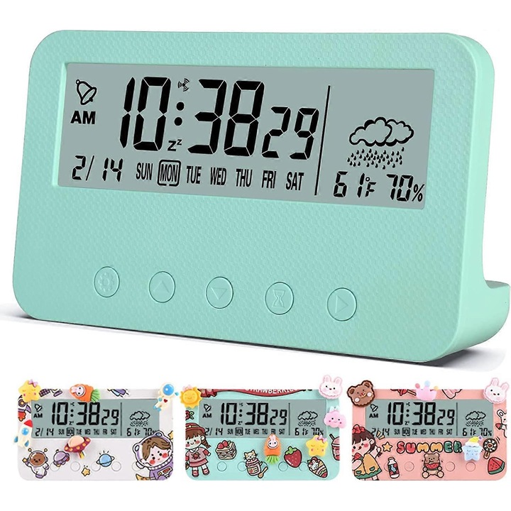 Ceas desteptator multifunctional decorativ, afisare ora, data, saptamana, temperatura, umiditate, vreme, folosit pentru cronometrare, pentru camin studentesc, birou, birou. Pentru baieti, gi