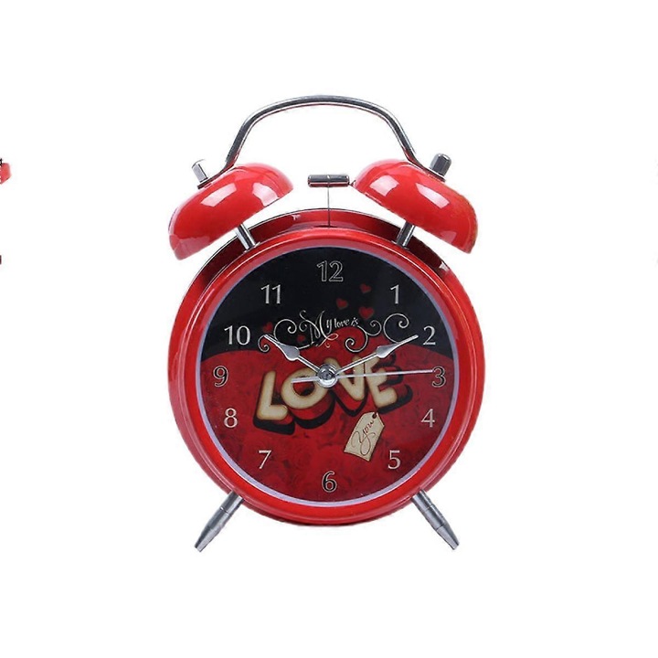 Piros fém ébresztőóra szeretettel, egyszerű, kis világító, csendes ébresztőóra gyerekeknek, diákoknak, felnőtteknek, otthoni irodai asztali óra, 4 hüvelykes