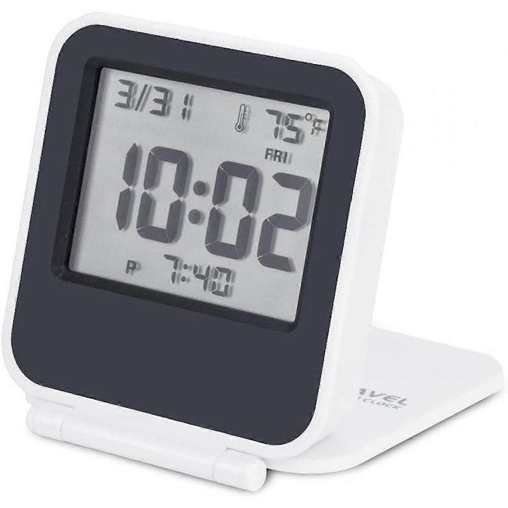 Xyc Ceasuri desteptatoare digitale mici de calatorie, mini ceas de calatorie cu baterii si iluminare de fundal, mini ceas de buzunar pliabil portabil cu calendar si temperatura (alb)