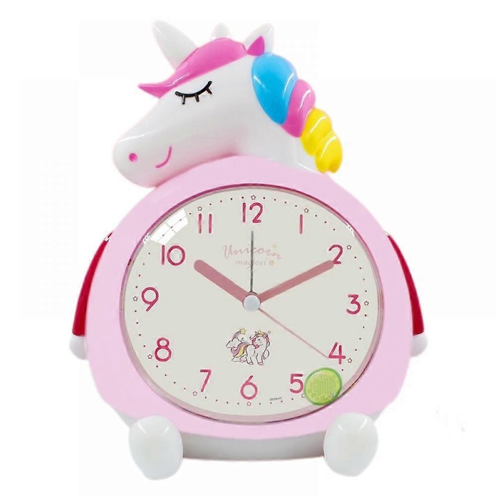 Ceas desteptator cu unicorni, ceas desteptator cu desene animate, ceas cu unicorn curcubeu, lumina de noapte, ceas de birou pentru decorarea casei pentru studenti si copii (roz)