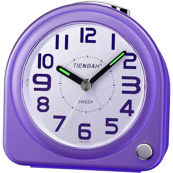 Ceas desteptator analogic pentru dormitoare, adulti, persoane cu somn greu, cu baterii, trezire muzicala silentioasa, fara ticaiat, ceas de 4 inch cu lumina de noapte - violet