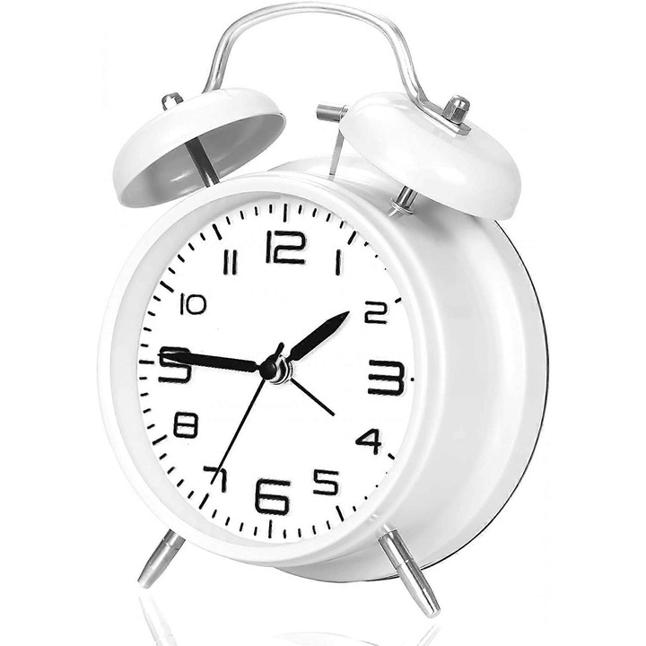 Kicsi, csendes, nem ketyegő óra éjszakai fénnyel, elemes, 3D-s számlappal és fém kerettel, hálószobába, éjjeliszekrényre, íróasztalra (fehér) 4