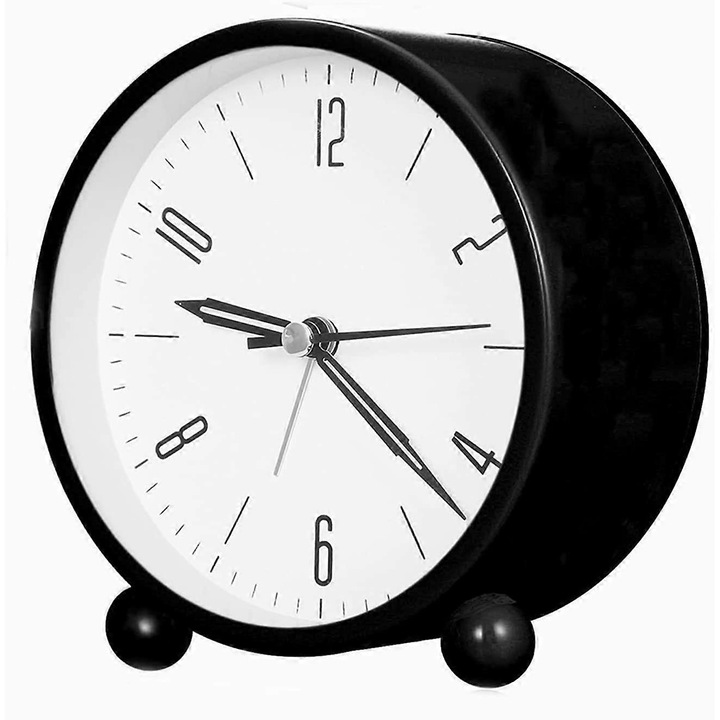 Ceas desteptator, mini ceas silentios de 4 inch, fara ticaiat, cu lumina de noapte, alimentat cu baterii, pentru dormitor, birou, serviciu si studiu, negru