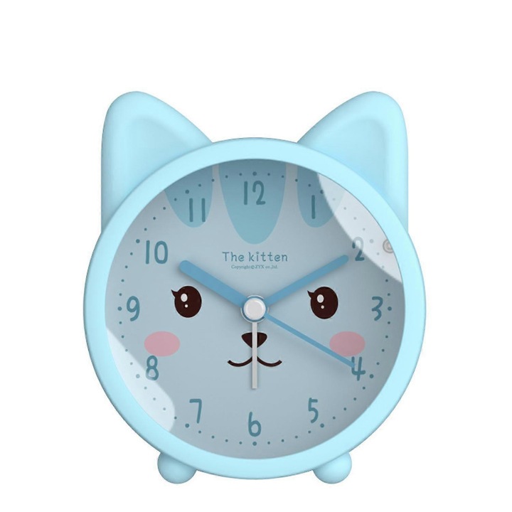 Justup Ceas desteptator pentru copii, dragut animal, caine/pisica, silentios, fara ticaiat, ceas de noapte cu lumina, ceas de calatorie --- Pisica albastra