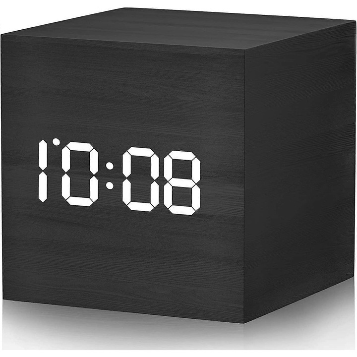 Mini ceas desteptator digital, 3 setari de alarma, 12/24 ore, amanare, controleaza volumul si luminozitatea alarmei, ceasuri LED din lemn pentru dormitor, noptiera, birou, copii, B