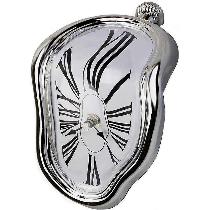 Dekoratív olvadt óra - Szürreális asztali keret, Elegáns olvadt óra, Vidám és Inspiráló asztali dekoráció, Legjobb születésnapi ajándékötletek, Ezüst