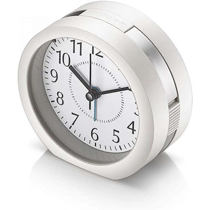 Аналогов будилник, 4-инчов супер безшумен малък часовник, без тиктакане, с дрямка и нощна светлина, работещ с батерии пътен будилник, семпъл дизайн (бял)