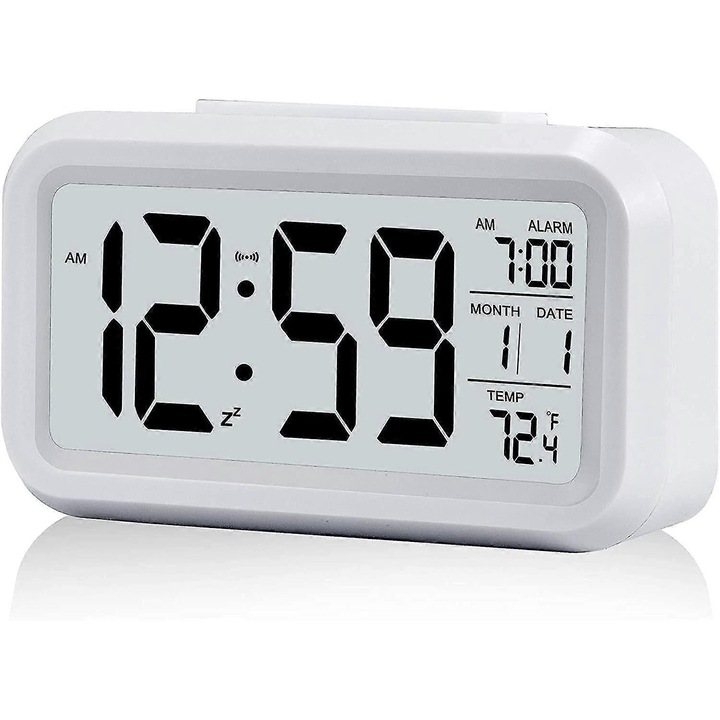 Ceas desteptator digital cu alarma, ecran LCD mare, functie de amanare, iluminare automata, 10x15cm