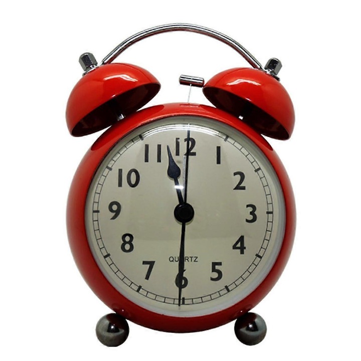 Világító ébresztőóra, analóg kvarc, retró, dupla csengő, nem ketyeg, hangos ébresztővel és éjszakai fénnyel, piros 5