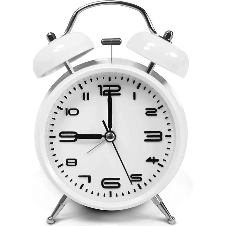Erős ébresztőóra mélyen alvóknak, csendes, nem ketyeg, éjszakai fény, elemes, alapóra két ébresztőcsengővel (fehér) 4 hüvelykes
