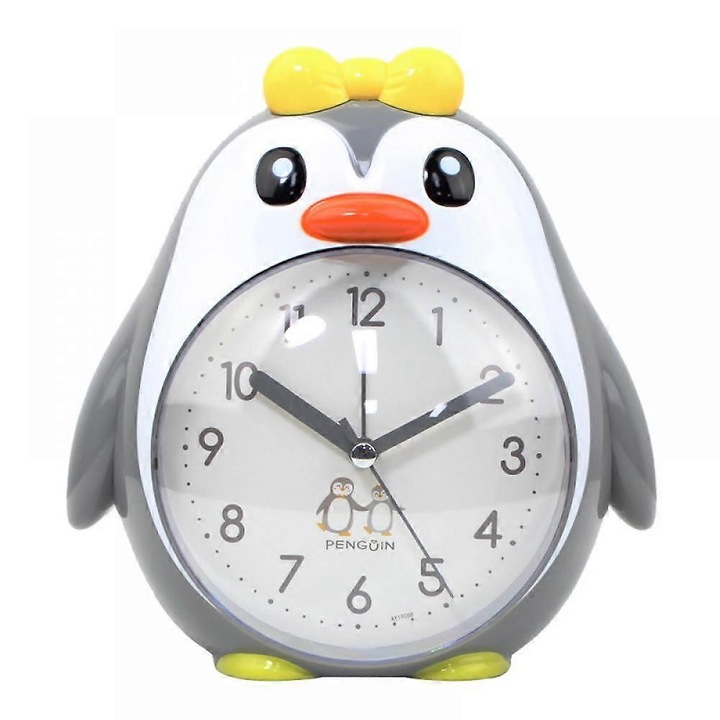Ceas desteptator pentru copii Saytay, ceas desteptator cu desene animate, pinguin, ceas desteptator, lumina de noapte, ceas de birou pentru decorarea casei pentru copii (gri)