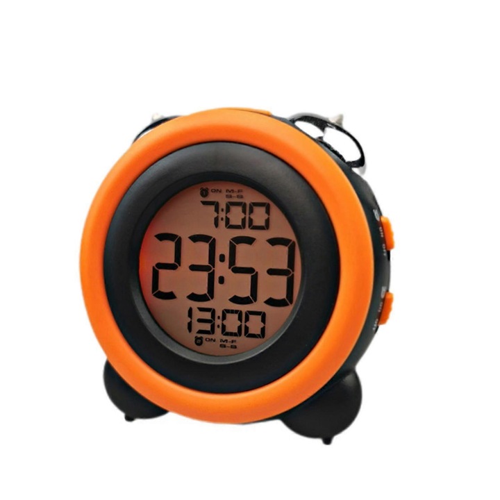 Ceas desteptator Justup, alarma puternica, setare alarma, functie snooze, lumina de noapte, ceas de noptiera --- Carcasa neagra, portocalie