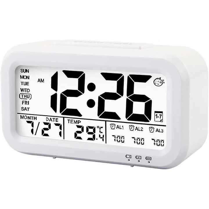 Ceas desteptator Xyc, 3 ceasuri desteptatoare, ceas de birou mic pentru dormitoare, cu afisaj digital mare de 4 "3", lumina de noapte inteligenta, temperatura interioara, operare usoara Cl