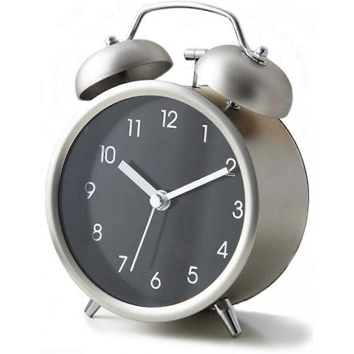 Hálószobai ébresztőóra, csendes, ketyegetlen asztali ébresztőóra matt fém kerettel, 4 hüvelykes kis dupla csengőóra, elemes, gyerekeknek (rózsaarany)