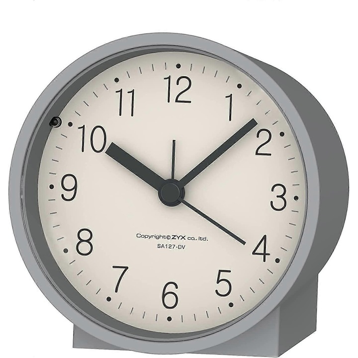 Analóg ébresztőóra AA elemekkel, csendes, nem ketyeg, erősödő sípoló hangok, szundi funkció, egyszerű beállítás, szürke