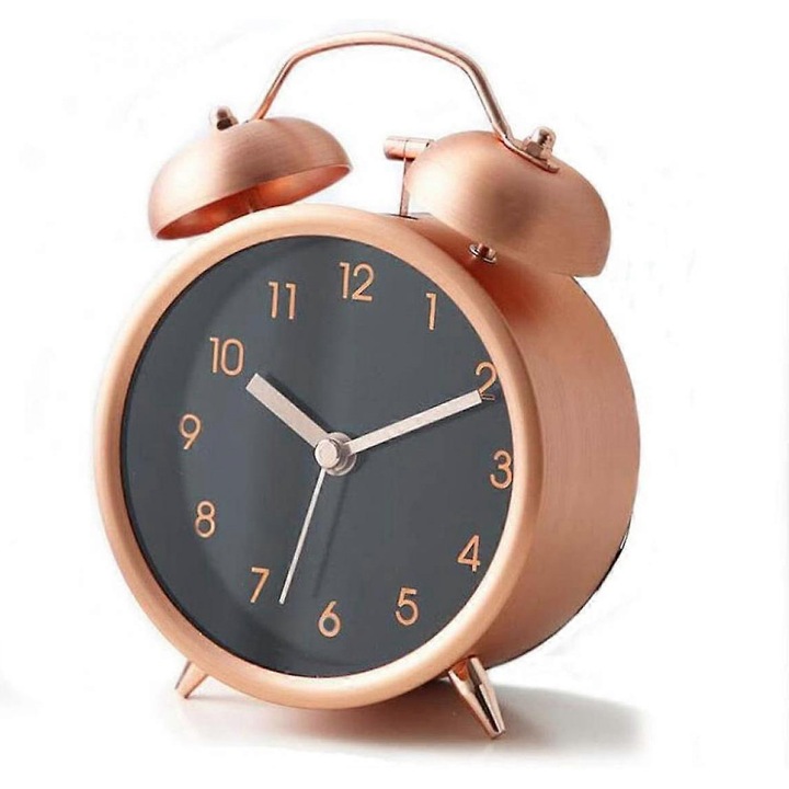 Hálószobai ébresztőóra, csendes, ketyegetlen asztali ébresztőóra matt fém kerettel, 4 hüvelykes kis dupla csengőóra, elemes, gyerekeknek (rózsaarany)