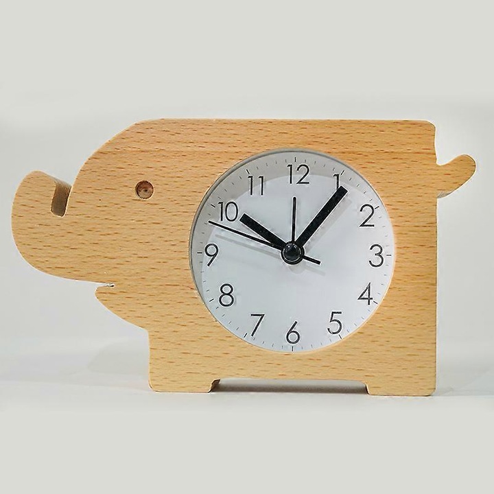 Ceas desteptator din lemn, model animal, ceas de masa, fara ticaiat, mut, fag, ceas de birou pentru copii