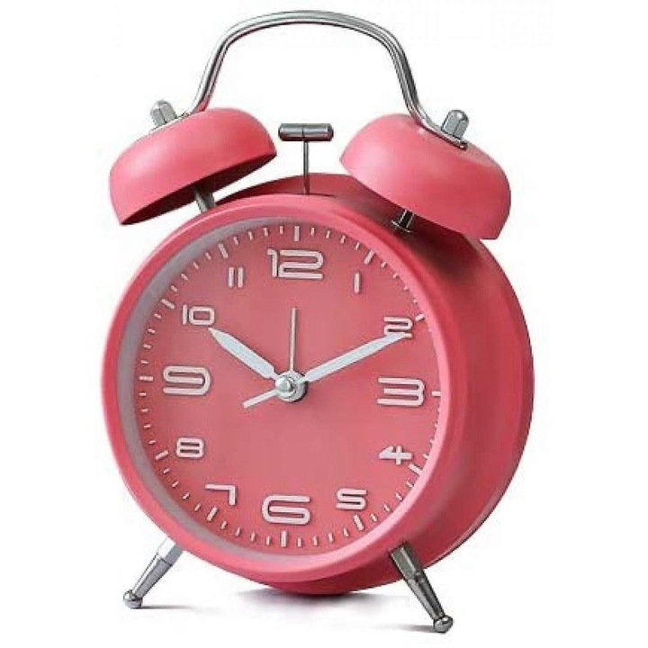 Saytay 4 hüvelykes dupla csengő ébresztőóra, sztereoszkopikus számlap, háttérvilágítás, nagy teljesítményű elemes ébresztőóra - rózsaszín