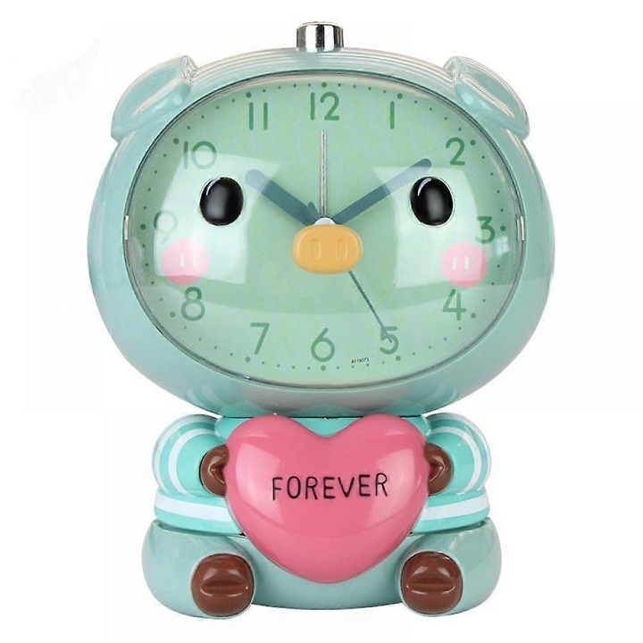 Ceas desteptator pentru copii, ceas desteptator cu desene animate, ceas desteptator cu porc, ceas de birou pentru decorarea casei pentru copii (verde)