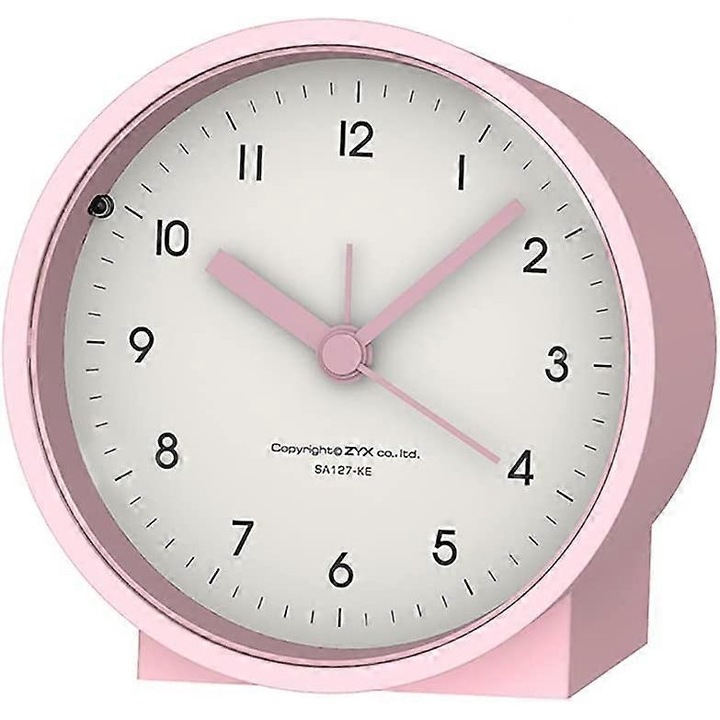Analóg ébresztőóra elemekkel, csendes, nem ketyeg, erősödő sípoló hangok, szundi, világítási funkciók, egyszerű beállítás (rózsaszín)