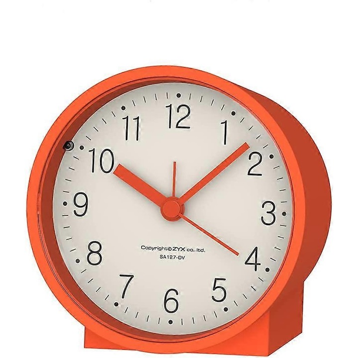 Analóg ébresztőóra AA elemekkel, csendes, nem ketyeg, erősödő sípoló hangok, szundi, világítási funkciók, egyszerű beállítás (narancssárga)