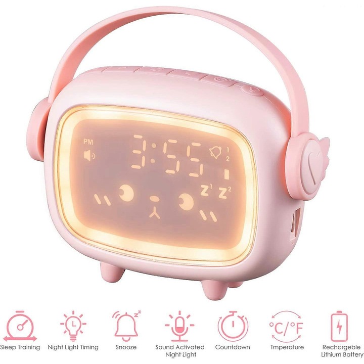 Ceas desteptator pentru copii albastru pentru dormitorul baietilor, potrivit pentru trezire, antrenor de somn pentru copii, lumina de trezire nocturna roz deschis