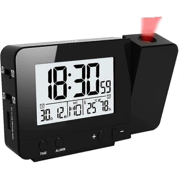 Ceas de proiectie, ceas desteptator digital, ceas cu afisaj LED cu iluminare de fundal, snooze, 12/24 de ore