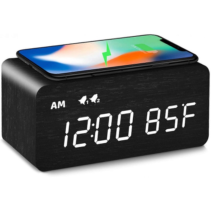 Fa digitális ébresztőóra vezeték nélküli töltéssel, 0-100% hangerőszabályozással, kettős ébresztő, hétköznapi/hétvégi mód, szundi, fa LED órák hálószobába, éjjeliszekrényre, dizájnos
