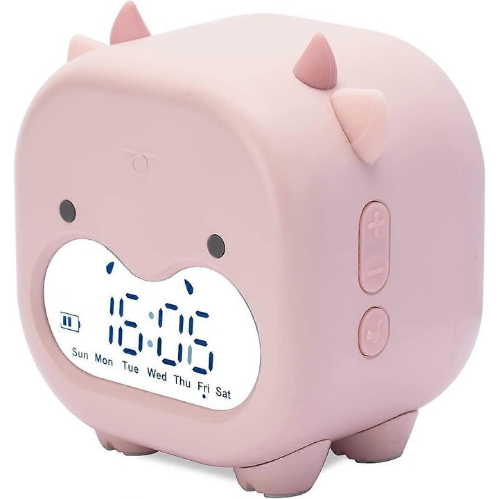 Gyerek ébresztőóra, gyerekszobai óra, dátum, hőmérséklet, szundi, ébresztő, éjszakai fény, aranyos digitális tehénóra, USB-vel, fiúknak és lányoknak, ajándékok (rózsaszín)