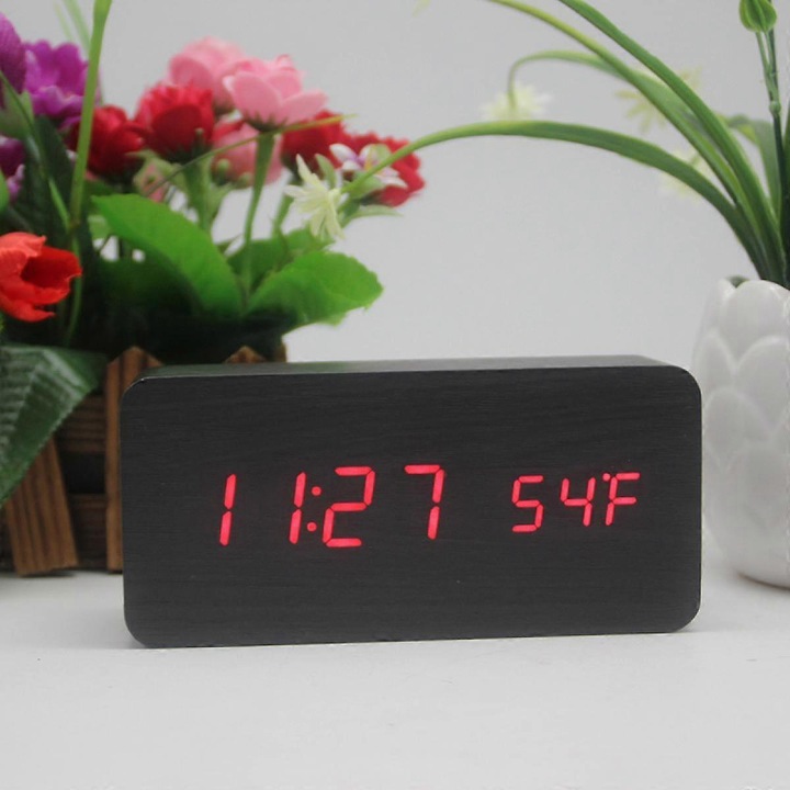 Digitális ébresztőóra, fa LED elektronikus kijelzővel, 3 ébresztési beállítással, hőmérséklet- és páratartalom-érzékeléssel, fa elektromos órák hálószobába