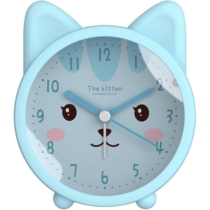 Ceas desteptator pentru copii, dragut animal, caine/pisica, silentios, non-ticaitor, birou, ceas desteptator de noptiera pentru copii, pisica albastra