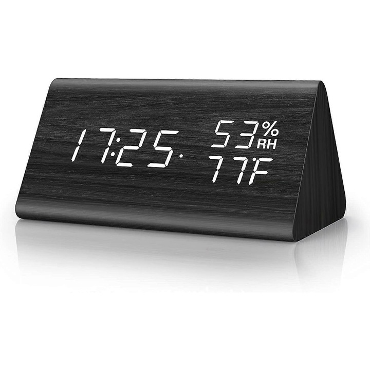 Ceas desteptator digital din lemn, afisaj LED, mod zi lucratoare/weekend, 12/24 ore, luminozitate reglabila si detectare a temperaturii cu control vocal, pentru dormitor
